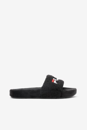 FILA Fuzzy Drifter Slides Black / Red / White,Womens Shoes | CA.QTAFUM809